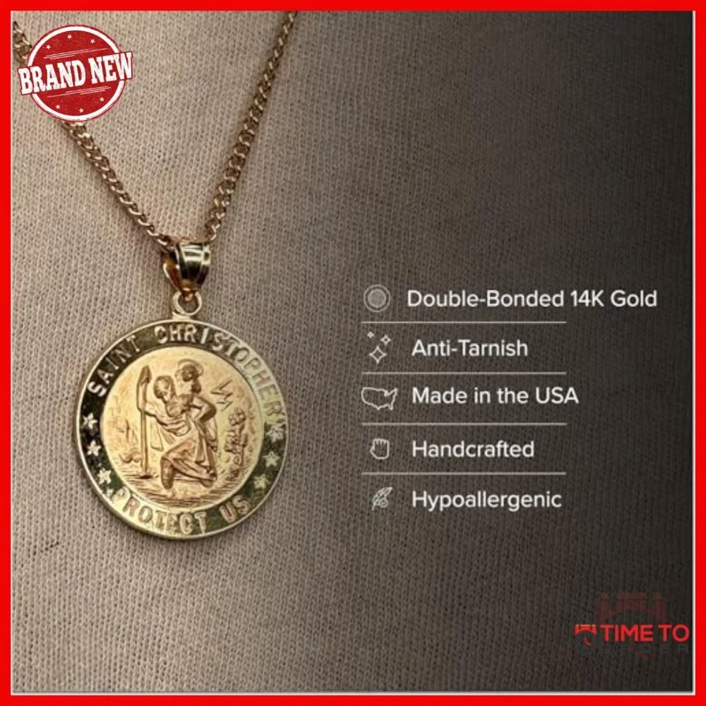 14K Gold Saint Christopher Pendant, Travel Protection Religious Jewelry
